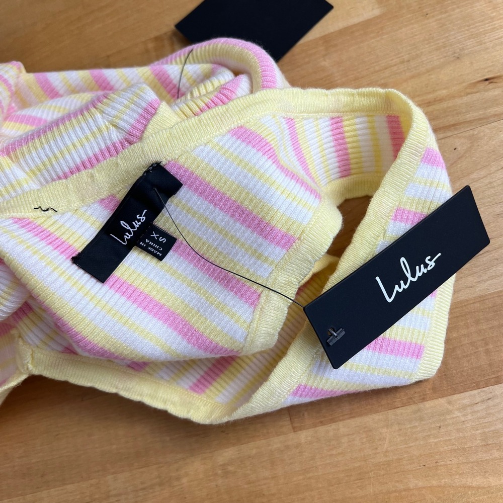 Lulus Striped Ribbed Knit Bodycon Mini Dress Yellow Pink White XS NWT Snag - Picture 6 of 11